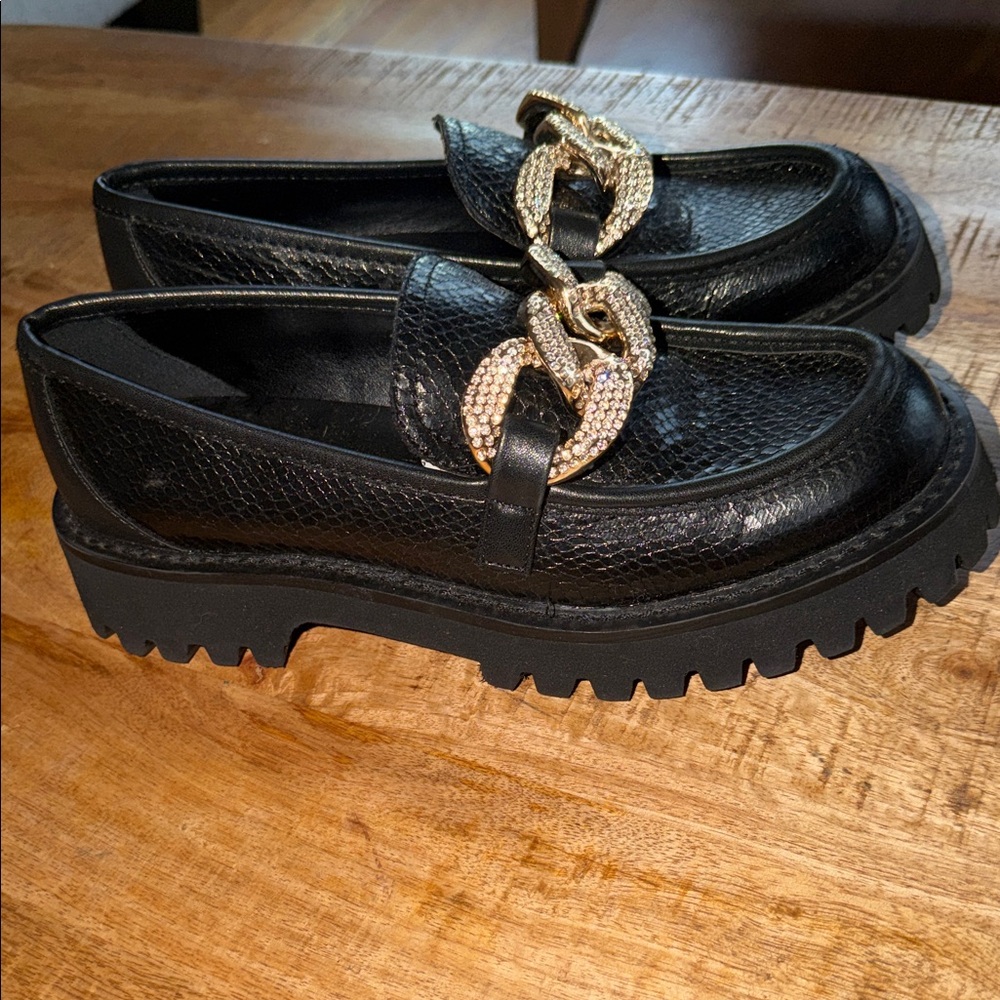 Karl Lagerfeld Black Loafers with Gold Chain Accent - Picture 2 of 4
